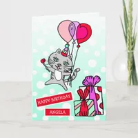 Cute Whimsical Cat and Balloons Birthday Card