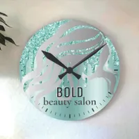 Beauty Salon Name Silver + Aqua Blue Glitter Drips Round Clock