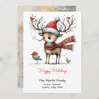 Whimsical Cute Reindeer in a Santa Hat Happy  Holiday Card