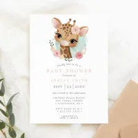 Cute Floral Giraffe Watercolor Girl Baby Shower Invitation