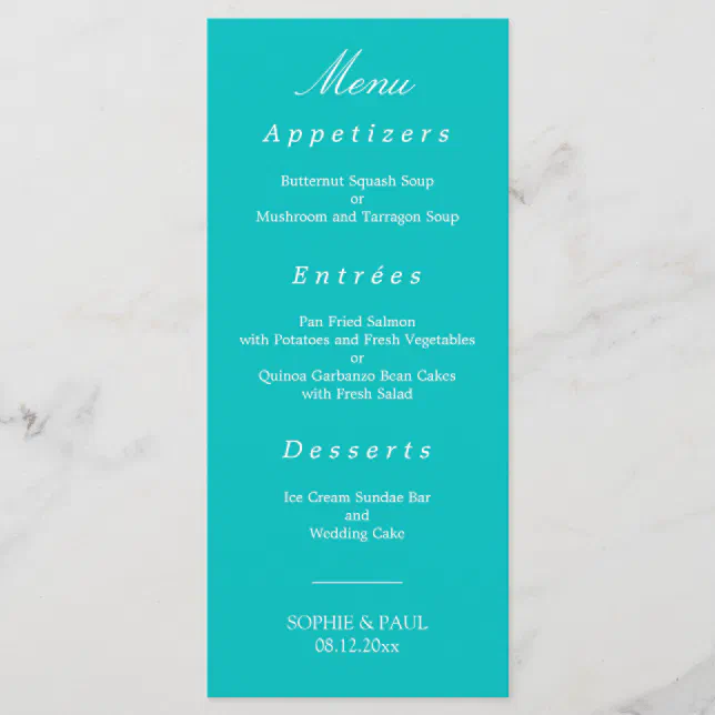 Vibrant Aqua Wedding Menu