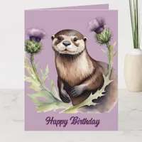 Watercolor Otter and Thistles Birthday Card