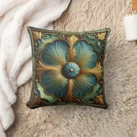 Decorative Floral Panel With Turquoise and Gold Throw Pillow