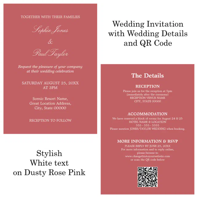Dusty Rose Pink Wedding QR Code RSVP Invitation