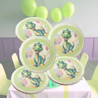 Cute little dinosaur with lots of colorful balloon sugar cookie