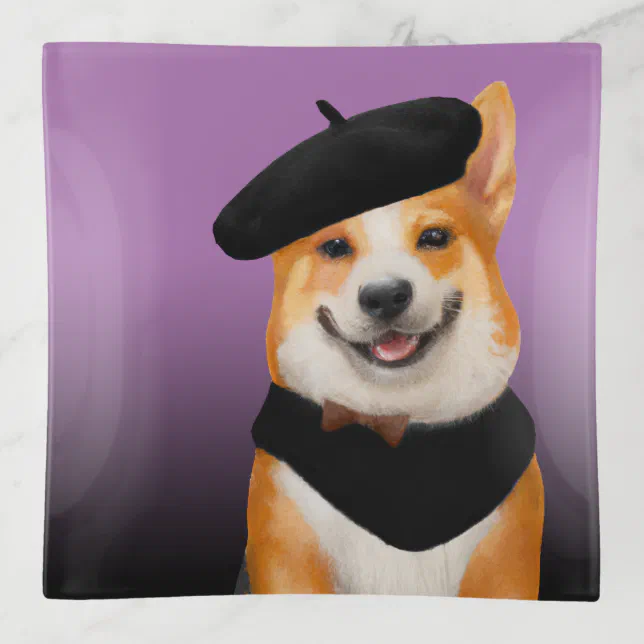 Cute Chic Corgi Dog Wearing Beret & Bandanna Trinket Tray