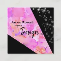 *~* Abstract Black Modern Geometric Floral Glitter Square Business Card