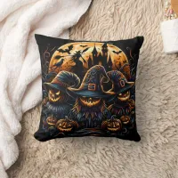 Spooky Halloween scarecrows under a full moon Throw Pillow