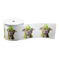 Pitbull with Birthday Hat  Satin Ribbon