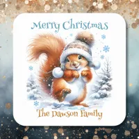 Cute Squirrel in the Snow Personalized Christmas Square Sticker