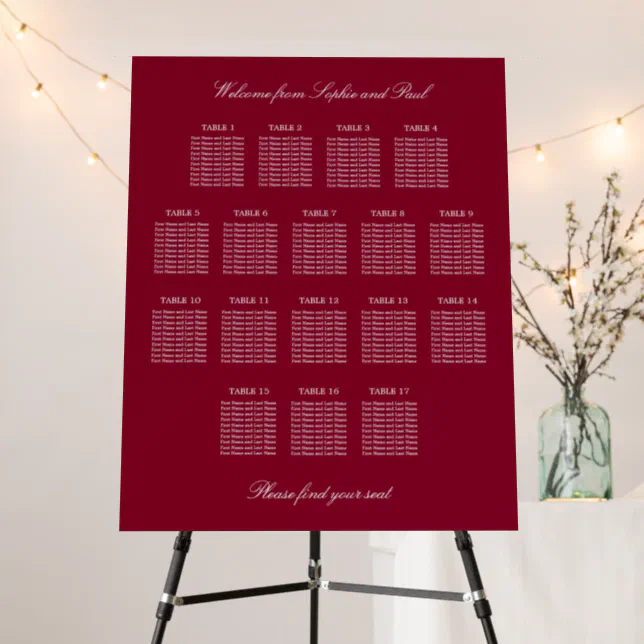 Burgundy 17 Table Wedding Seating Chart Foam Board