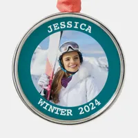 Dark Turquoise Personalized Round Family Photo Metal Ornament