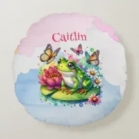 Personalized Frog, Flowers and Butterflies Baby Round Pillow