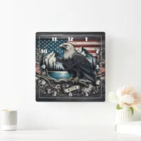 Eagle Perched on Branch With Mountain Backdrop Square Wall Clock