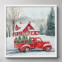 Christmas Watercolor Snowy Winter Scene Red Truck Peel And Stick Photo Tile