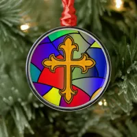 Stained Glass and Cross Christmas Metal Ornament