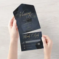 Dark Midnight Blue & Gold Modern Painterly Wedding All In One Invitation