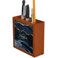 Navy Blue Gold Agate Monogram Elegant Desk Organizer