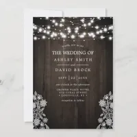 Lace And Wood String Lights Rustic Wedding Invitation