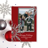 Silver Tone Snowflakes on Red Happy Holidays Photo Holiday Card