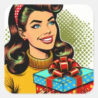 Retro Lady Holding a Birthday Present Square Sticker