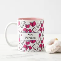 School Class Teacher Pink Librarian Books Pattern Two-Tone Coffee Mug