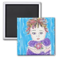 Whimsical Folk Sketched Pretty Little Girl Magnet