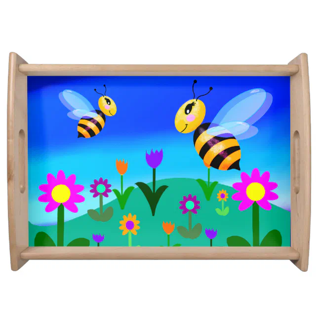 Happy bees in a flower field serving tray