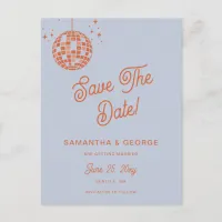 Retro Groovy 70s Blue Disco Orange Save The Date Announcement Postcard