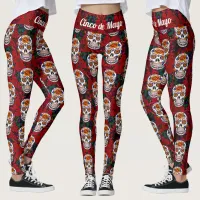 Sugar Skull Cinco de Mayo Red Floral Leggings