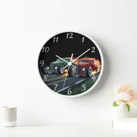 Classic hot rods racing down a night street clock