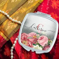 Vintage Flowers On Black White Name and Initial Compact Mirror