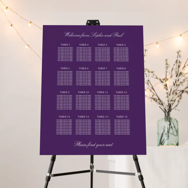 Dark Purple 16 Table Wedding Seating Chart Foam Board