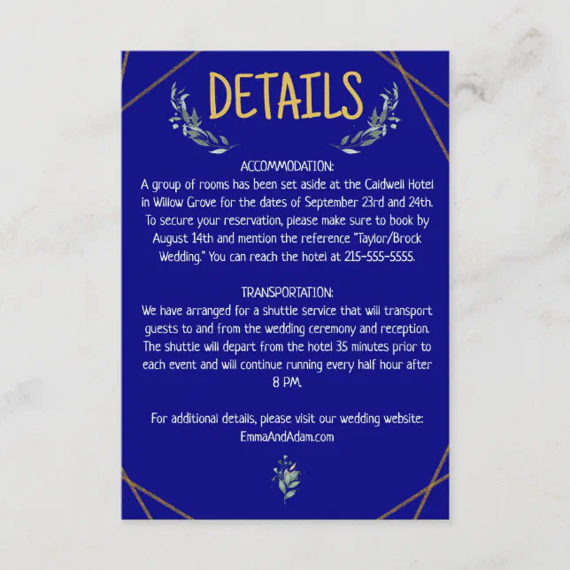 Simple Eucalyptus Greenery Navy Blue and Gold Enclosure Card