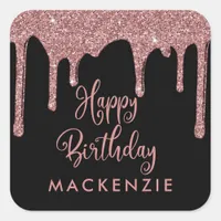 Black and Rose Gold Sparkle Glitter Drips Birthday Square Sticker