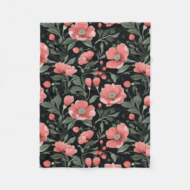 Floral Pattern Green Oak Leaves and Pink Flowers  Fleece Blanket