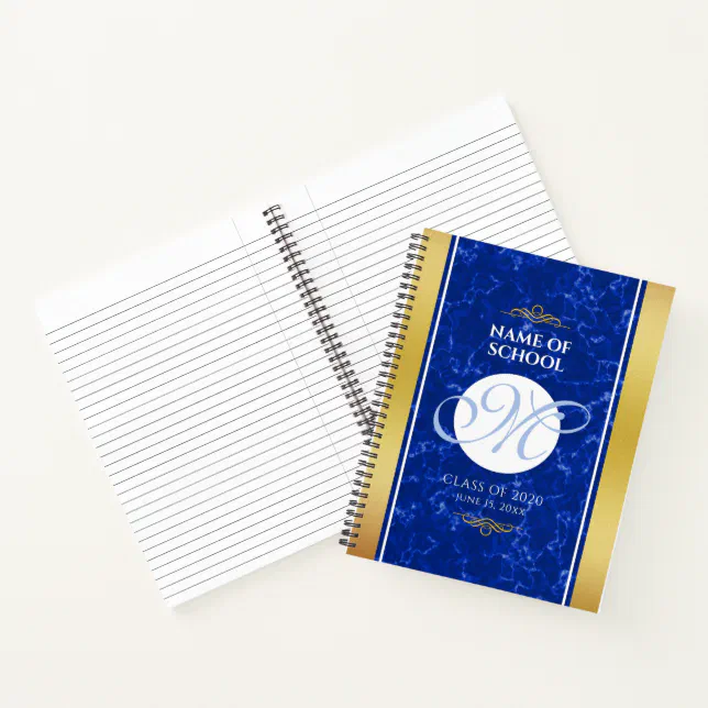 Elegant Graduation Monogram Blue Marble Gold Foil Notebook