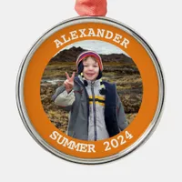 Personalized Round Family Photo Bright Orange Metal Ornament