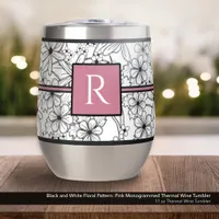 White and Black Floral Pattern: Pink Monogrammed Thermal Wine Tumbler