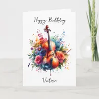 Watercolor Cello and Flowers Personalized Birthday Card