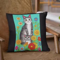 Cute Whimsical Folk Art Cat and Kitten Quote Throw Pillow