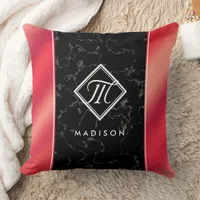 Elegant Black Marble & Ros&#233; Red Foil Monogram Throw Pillow