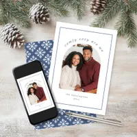 Simple Cozy Blue White Snowflake Christmas Photo Holiday Card