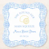 Main Squeeze Lemon & Blue Tiles Bridal Shower Paper Coaster