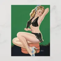 Vintage Pinup Beautiful Blond on Green Background  Postcard