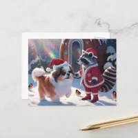 A Cute Raccoon and Very Cute Dog Festive Christmas Postcard