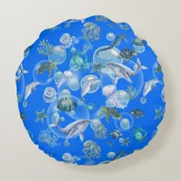 Under the Sea Blue Watercolor on blue | Round Pillow