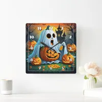 Ghost delights in Halloween treats! &#127875; Square Wall Clock