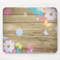 Spring Daisies Foliage and Butterflies on Wood Mouse Pad