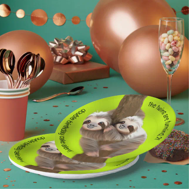 Cute Three-Toed Sloths Happy Twins Birthday Paper Plates